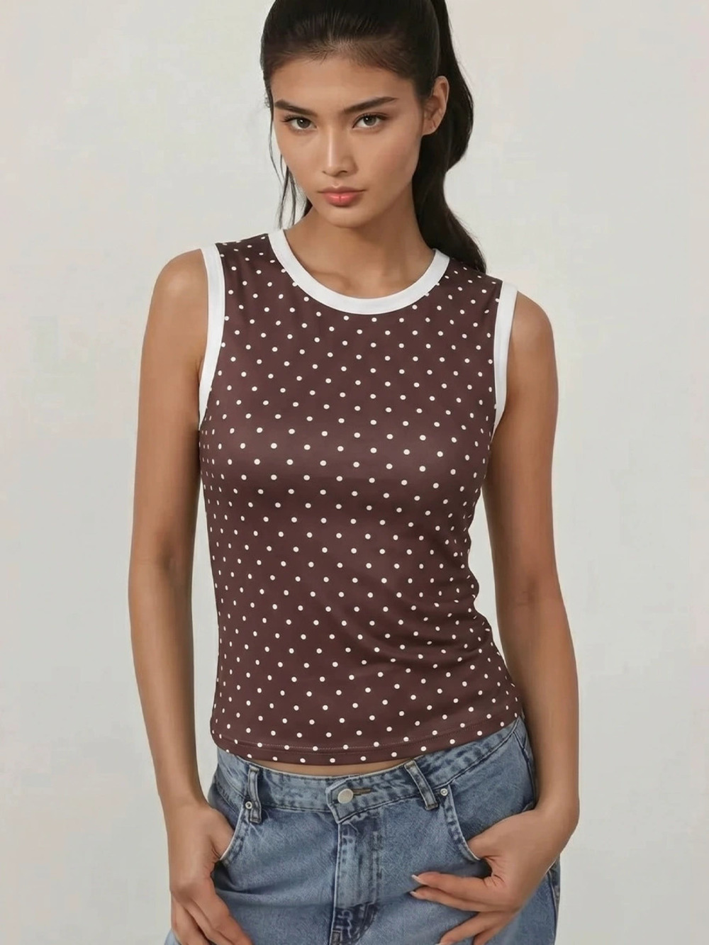 ZARA Polka Dot Color Block Sleeveless Tank Top Summer Slim Fit